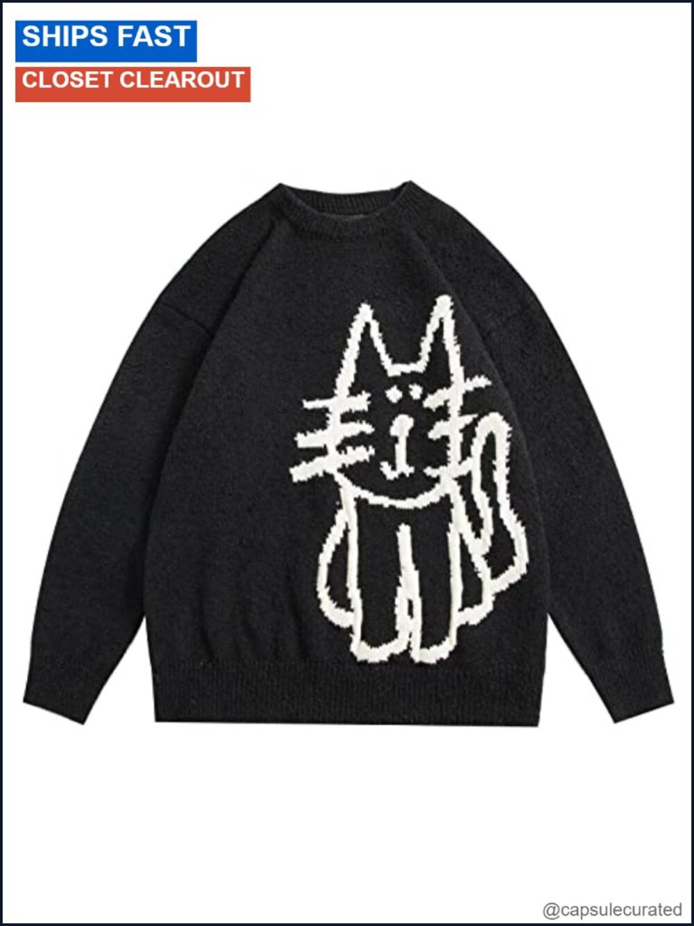 Aelfric Eden Pullover Sweater Oversized 100% Polyester Cat Print Fall Winter Top